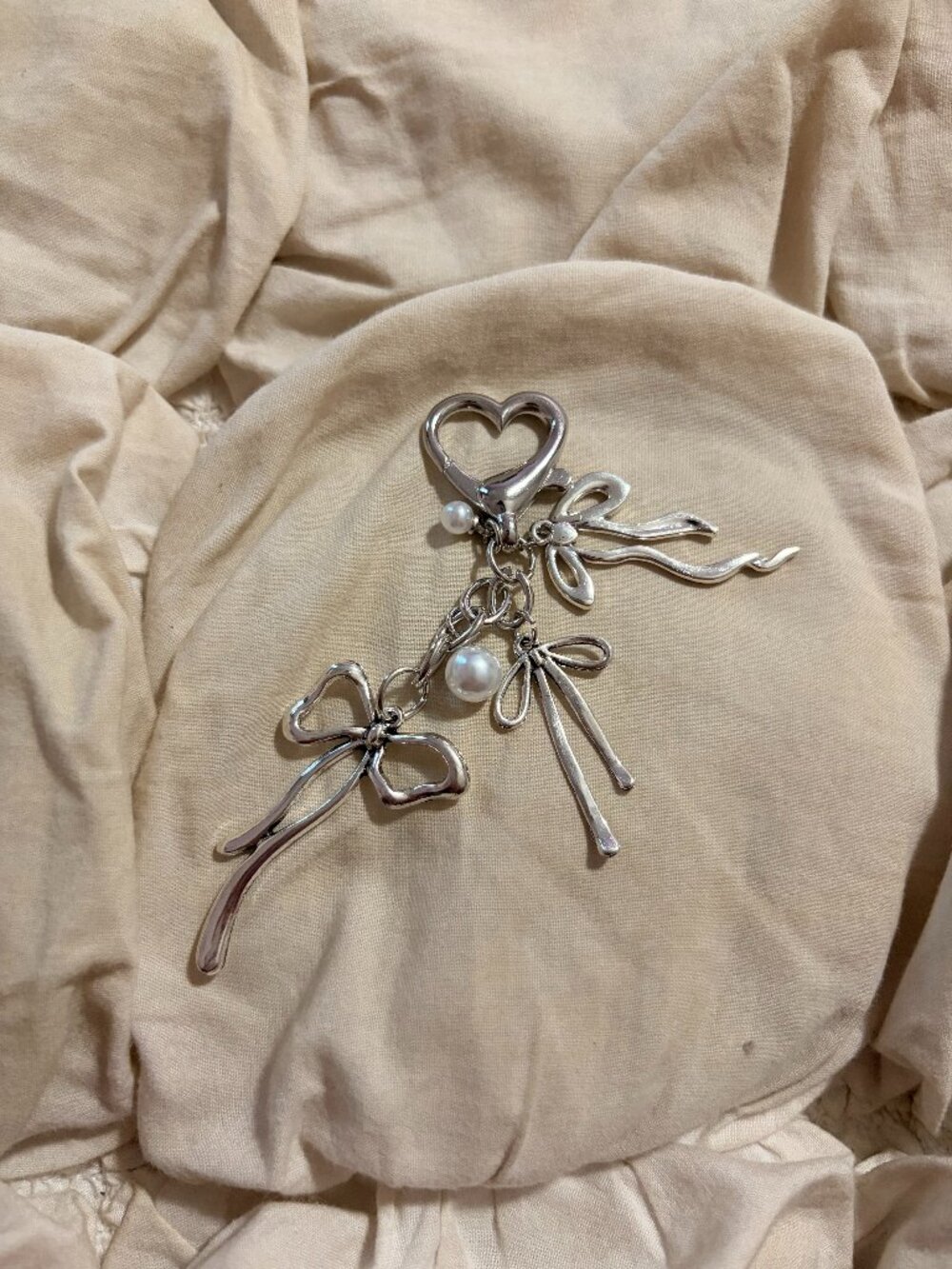 Free People Silver Bow Heart Bag Charm Pearl Keychain Coquette